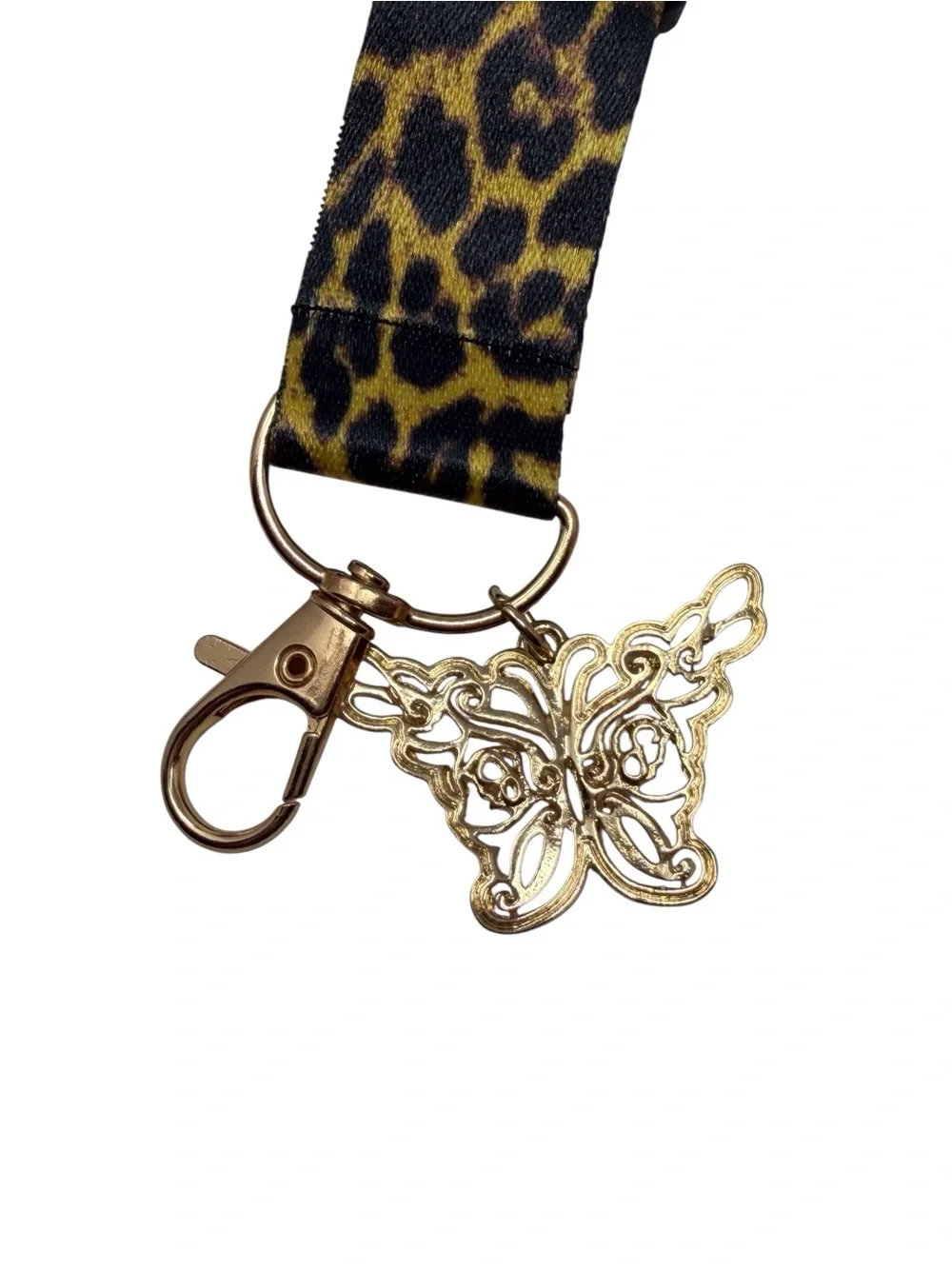 Jessica Simpson leopard-print lanyard/key Chain With Gold Tone Butterfly Charm